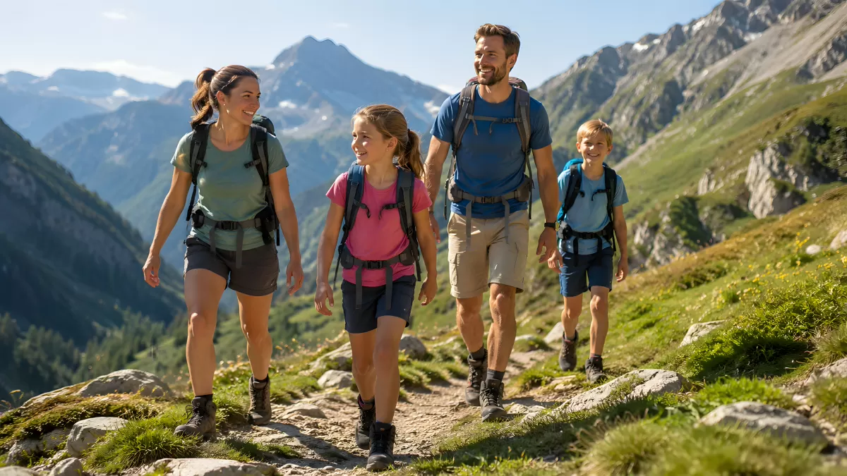 Familie beim Wandern in den Bergen im Sommer