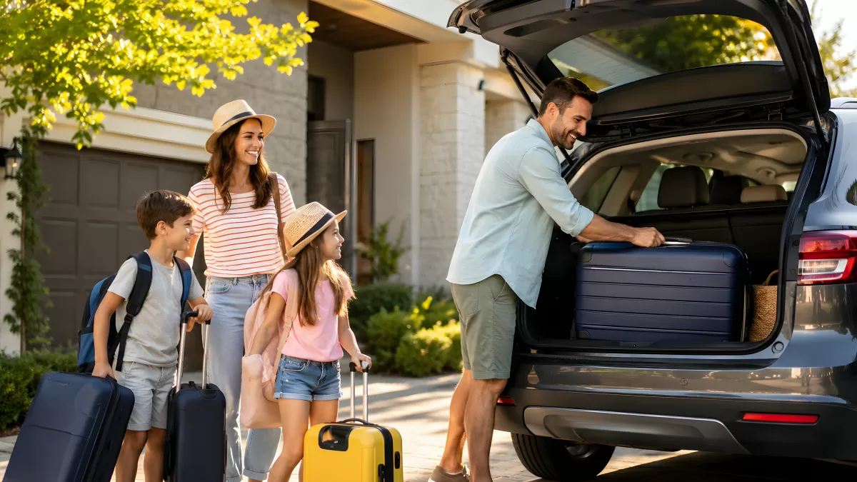 Familie belädt SUV mit Koffern vor Urlaubsreise