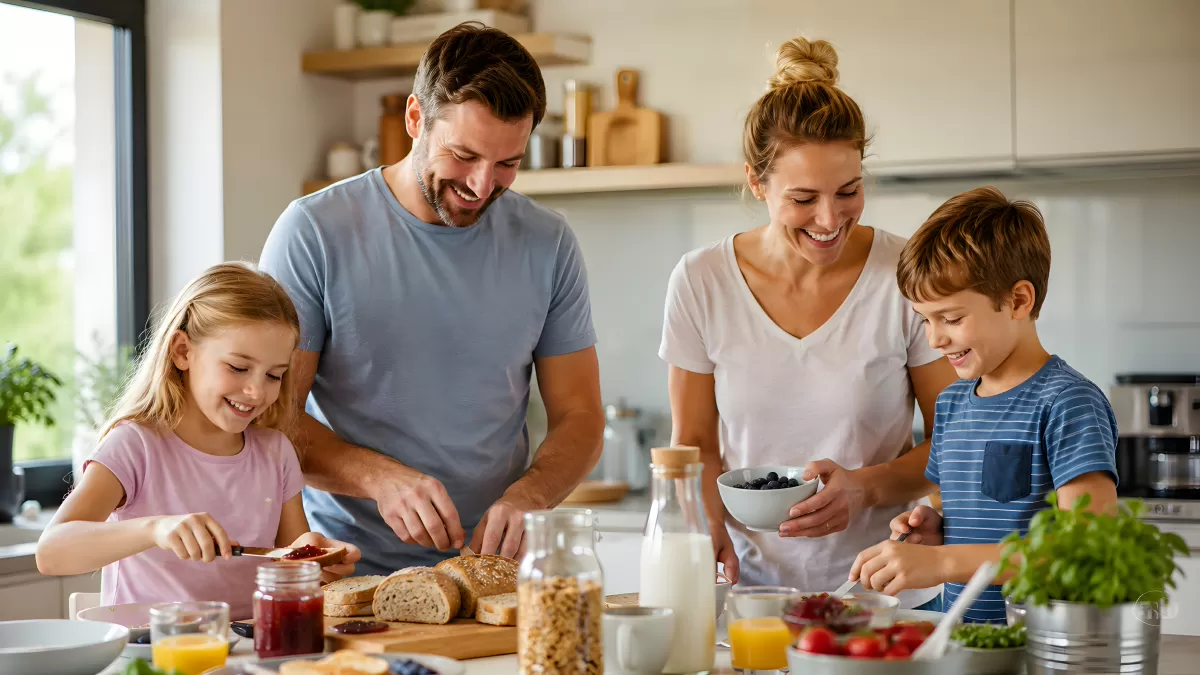 Familie bereitet gemeinsam Frühstück in der Küche zu