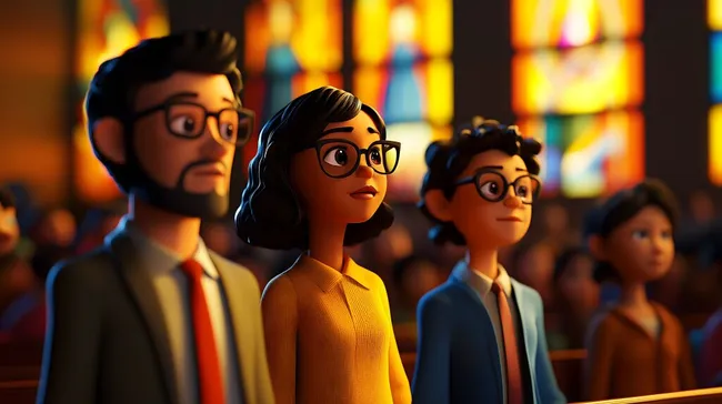 Familie besucht Gottesdienst in lebendiger Kirchenszene