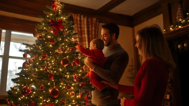 Familie dekoriert festlichen Weihnachtsbaum