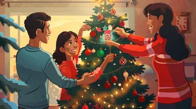 Familie dekoriert gemeinsam Weihnachtsbaum mit Lichtern und Kugeln