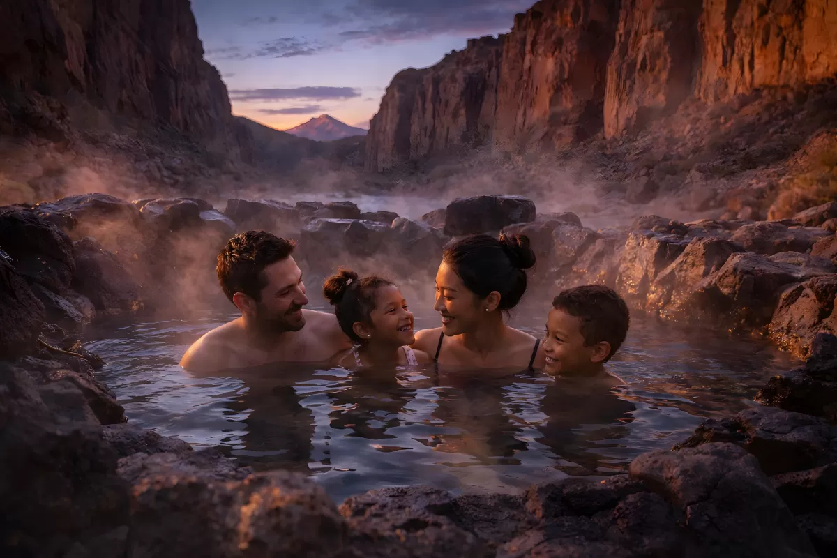 Familie entspannt in dampfenden Thermalquellen im Canyon