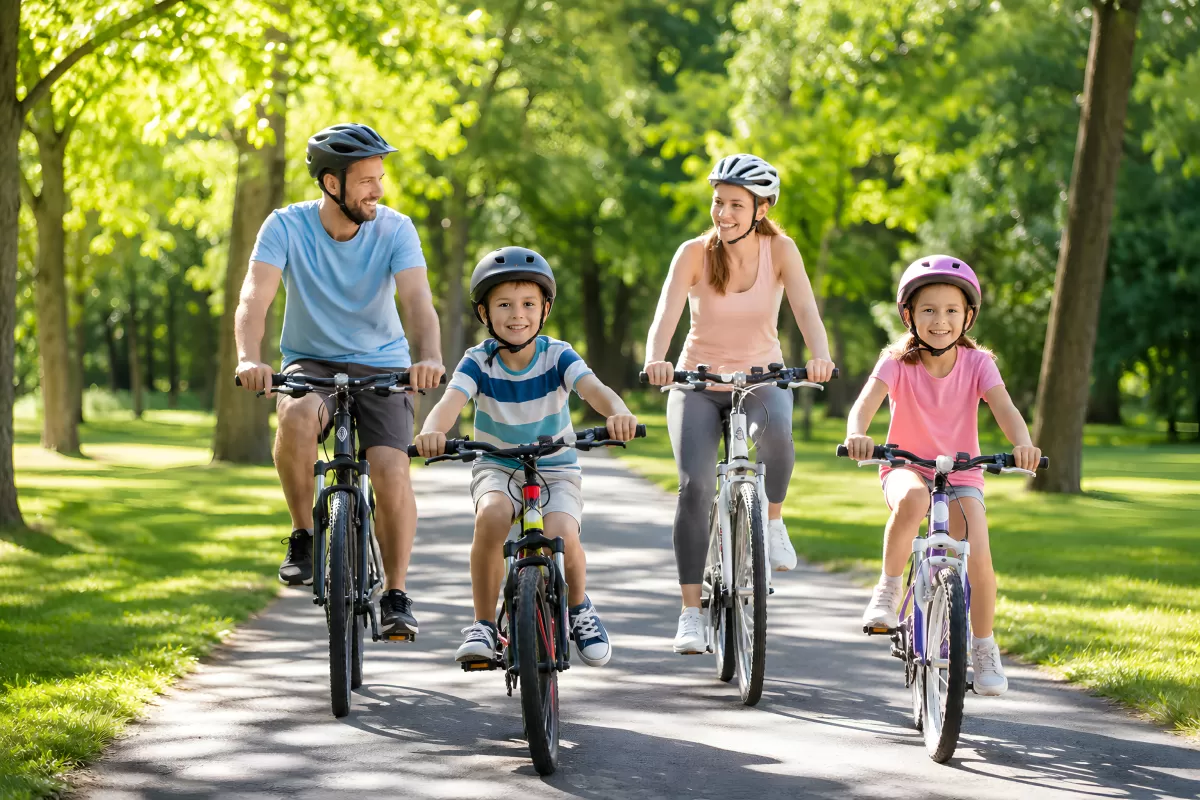 Familie fährt gemeinsam Fahrrad im grünen Park