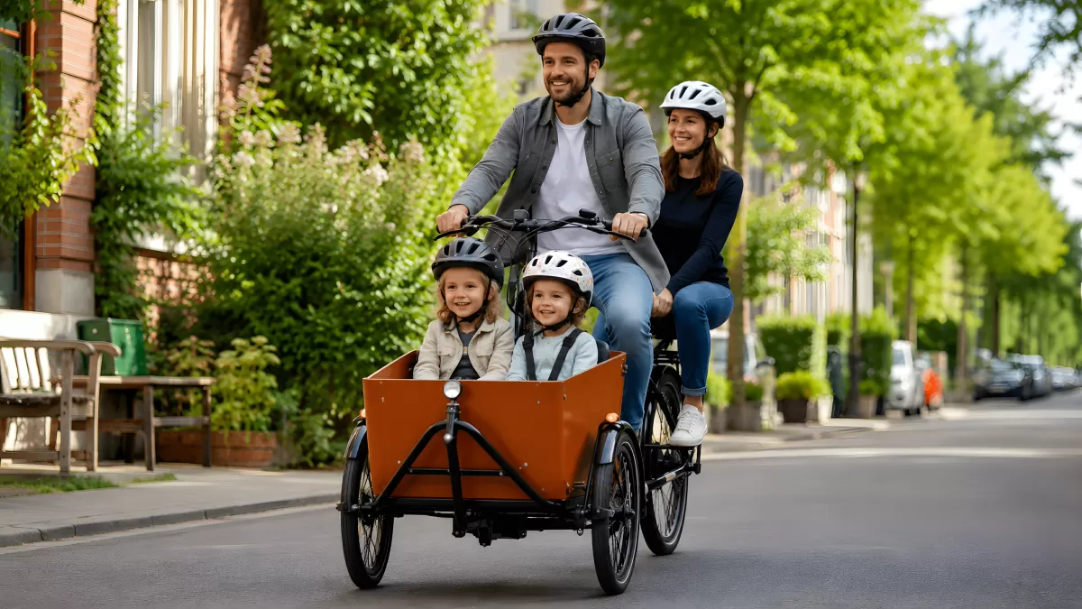 Familie fährt gemeinsam mit Lastenrad durch die Stadt