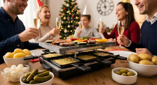 Familie feiert besinnliches Weihnachtsessen mit Raclette und Gläsern Sekt