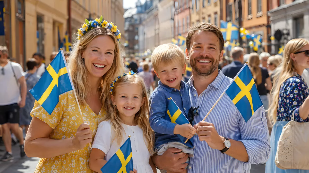 Familie feiert schwedischen Nationalfeiertag mit Flaggen