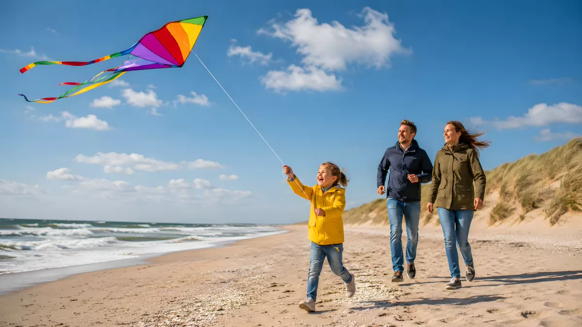Familie fliegt Drachen am Strand bei sonnigem Wetter