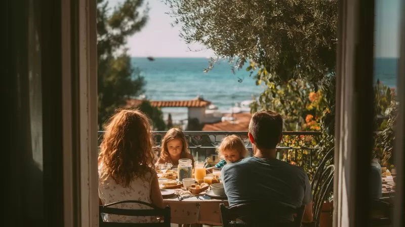 Familie frühstückt auf dem Balkon mit Blick aufs Meer