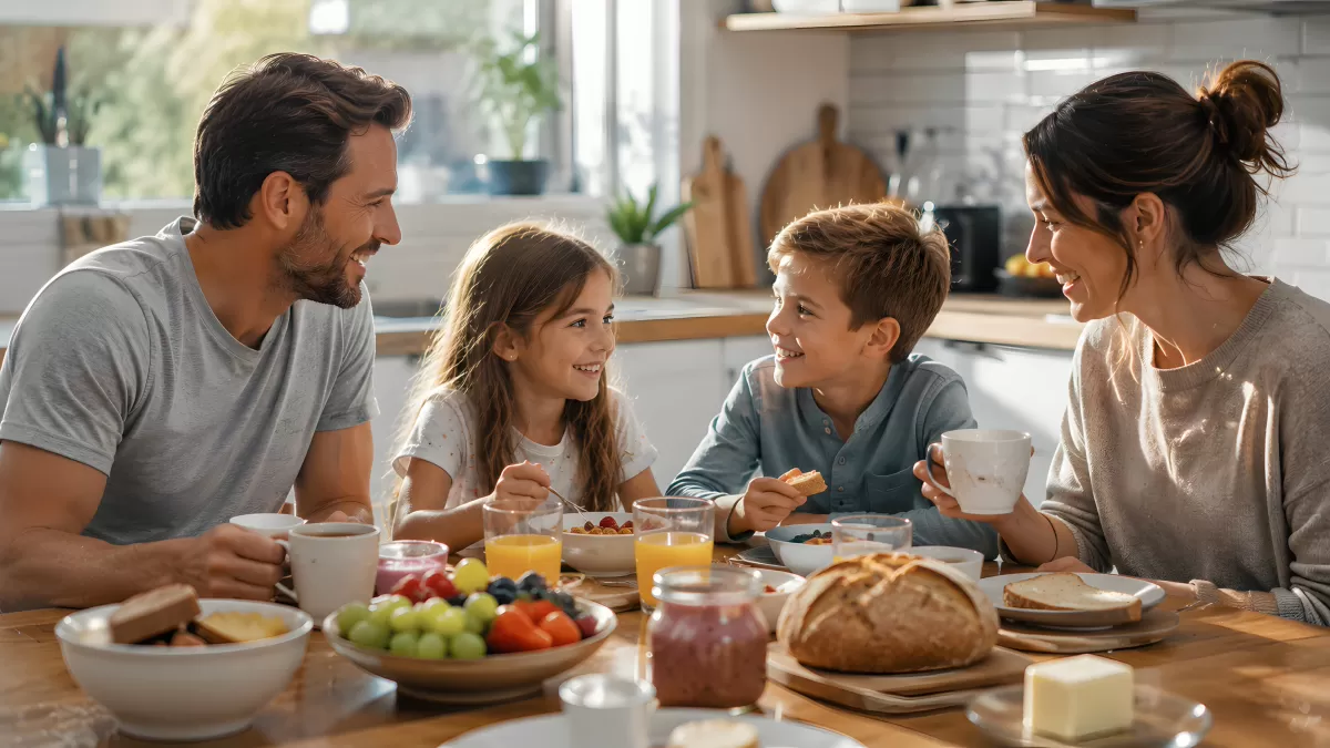 Familie frühstückt gemeinsam am Küchentisch