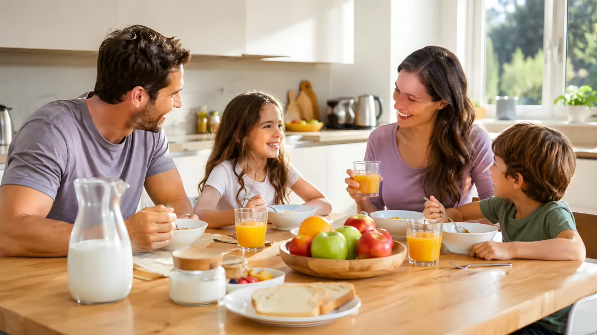 Familie frühstückt gemeinsam an ihrem Küchentisch