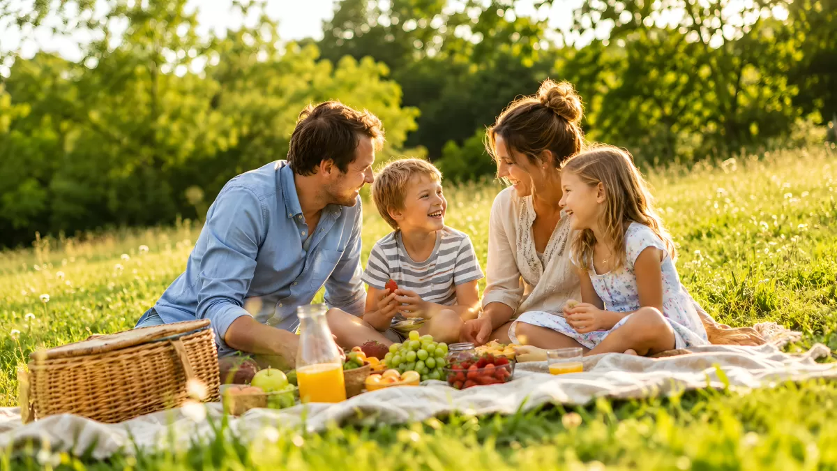 Familie genießt Picknick auf sommerlicher Wiese