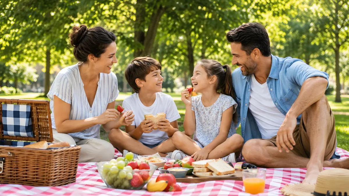 Familie genießt Picknick im Park im Sommer