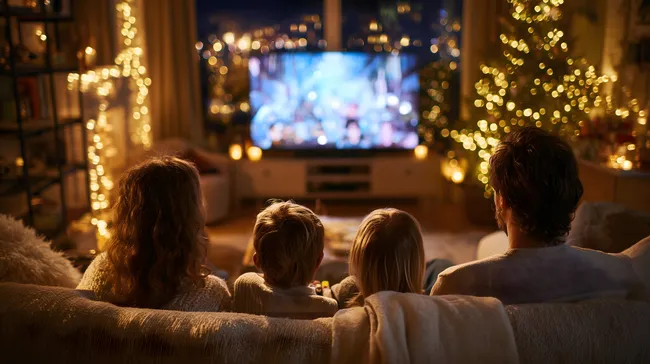 Familie genießt Weihnachtsfeier vor leuchtender Kulisse