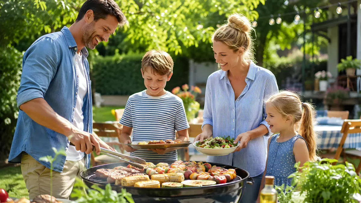 Familie grillt gemeinsam im sonnigen Garten