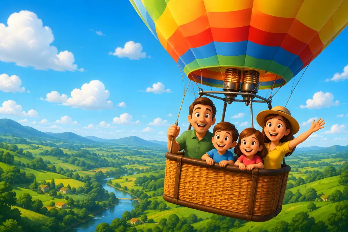 Familie im bunten Heißluftballon über grüner Landschaft
