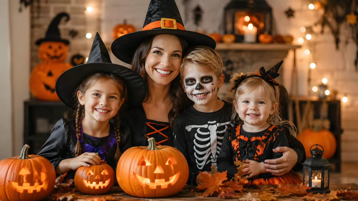 Familie in Halloween-Kostümen mit Kürbissen