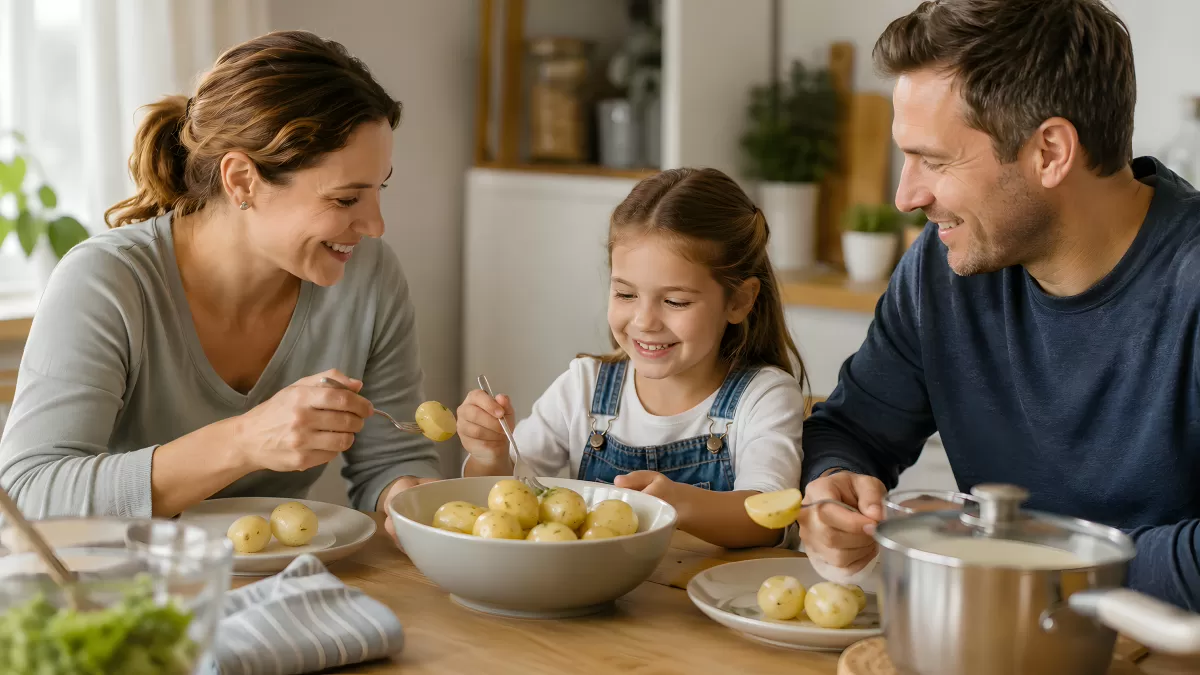 Familie isst gemeinsam Kartoffeln am Küchentisch