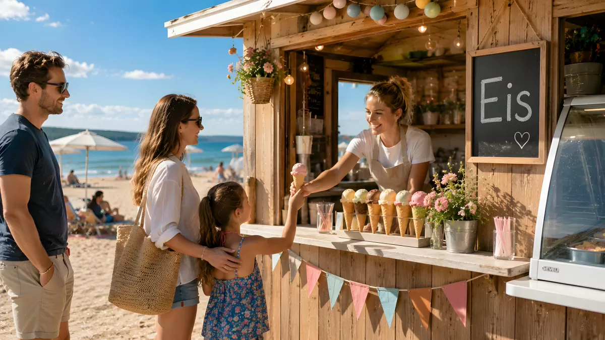 Familie kauft Eis an einem Strandkiosk im Sommer