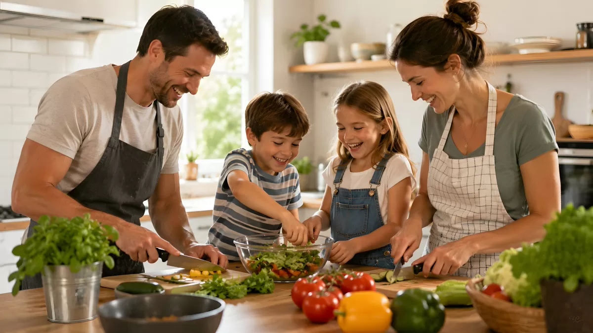 Familie kocht gemeinsam frischen Salat in der Küche