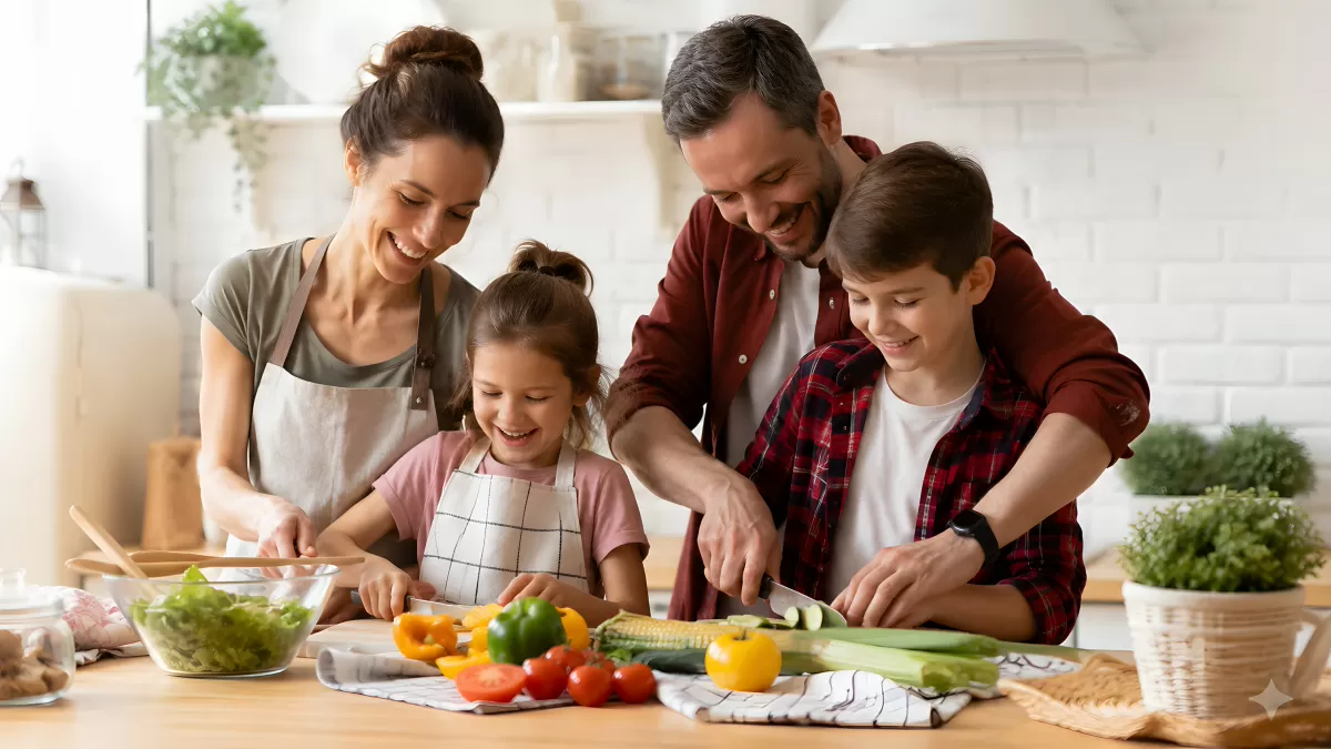 Familie kocht gemeinsam frisches Gemüse in der Küche
