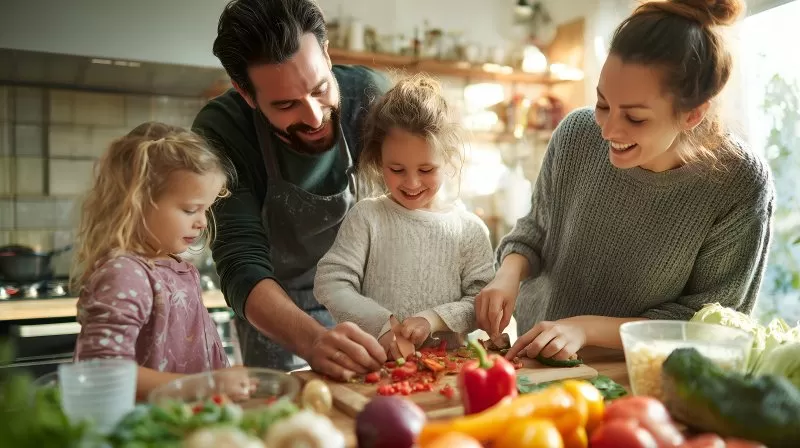 Familie kocht gemeinsam mit Kindern in heller Küche