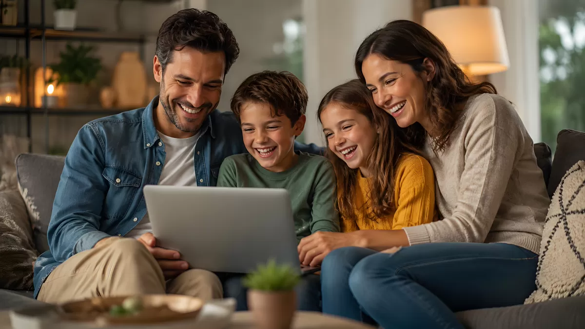 Familie lacht gemeinsam beim Laptop auf dem Sofa