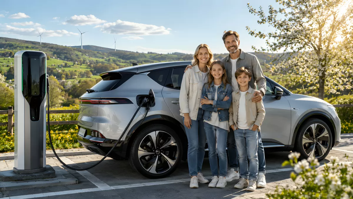 Familie lädt Elektroauto an Ladestation auf