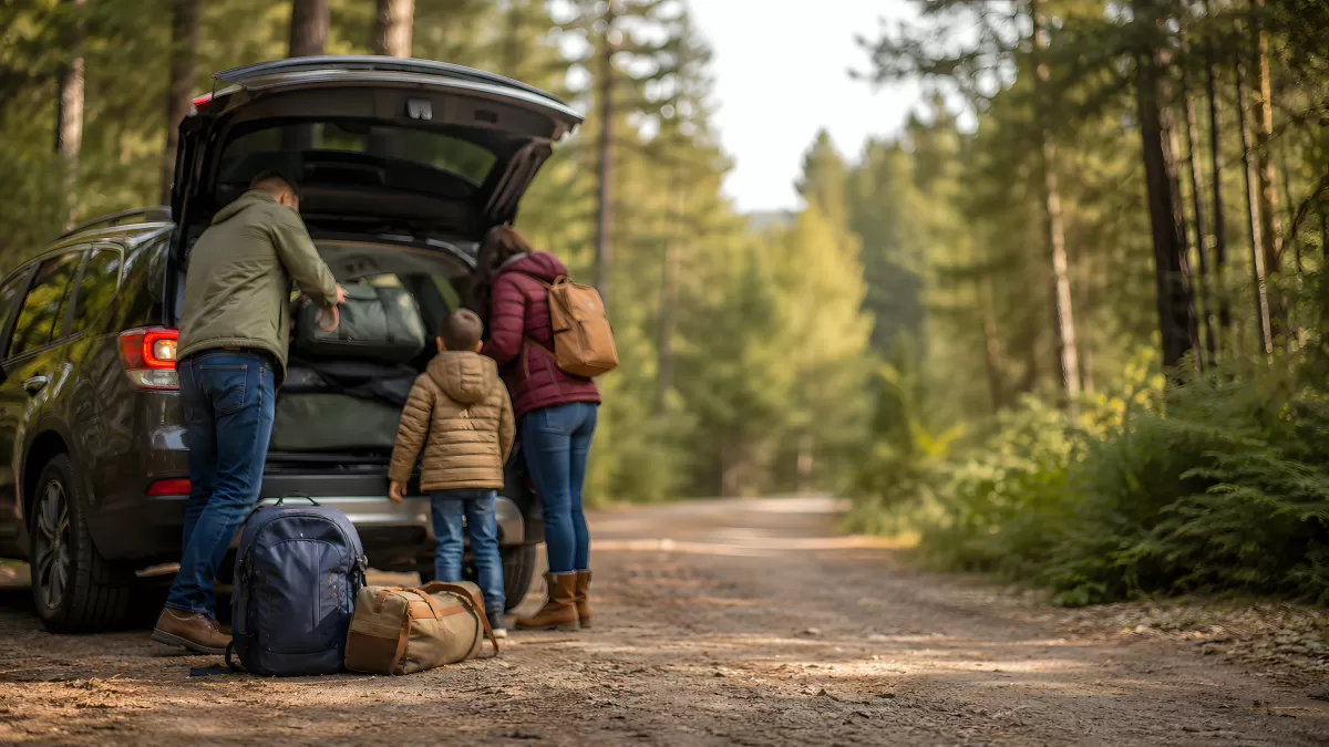 Familie lädt Gepäck am Kofferraum im Wald ein