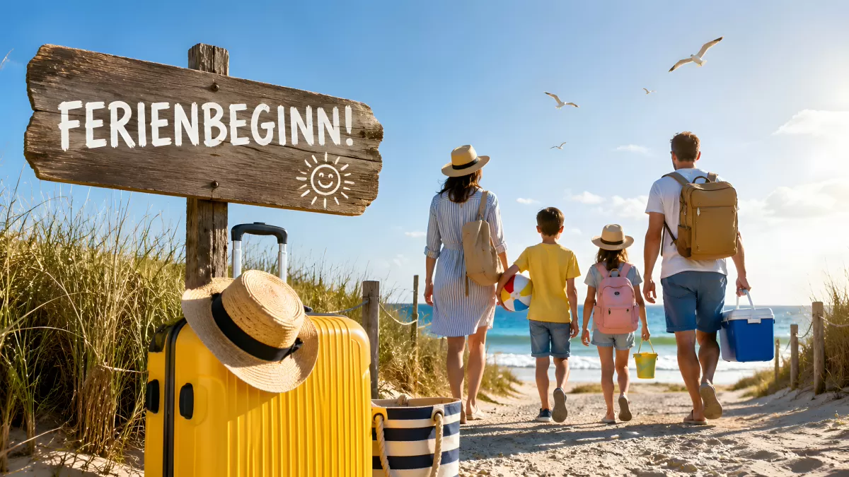 Familie läuft bei Ferienbeginn zum Strand mit Gepäck