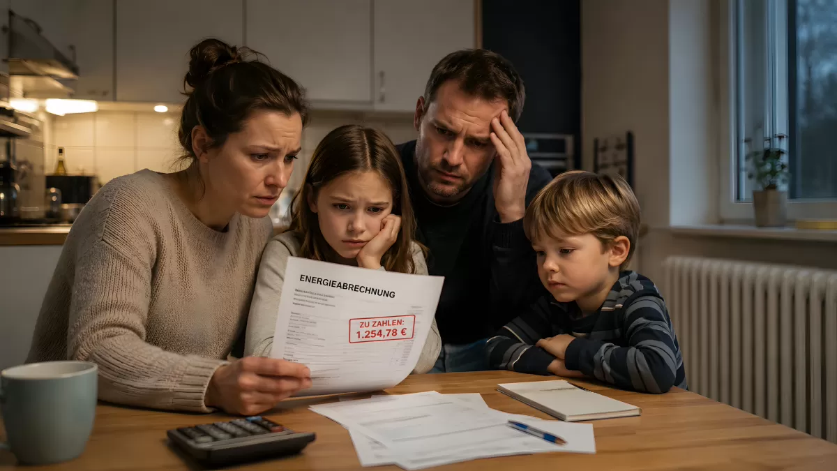 Familie liest erschrocken hohe Energieabrechnung