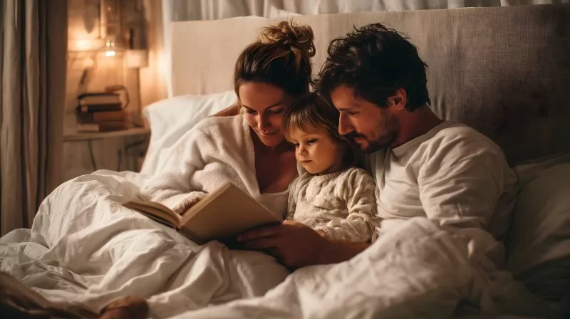 Familie liest gemeinsam ein Buch im Bett