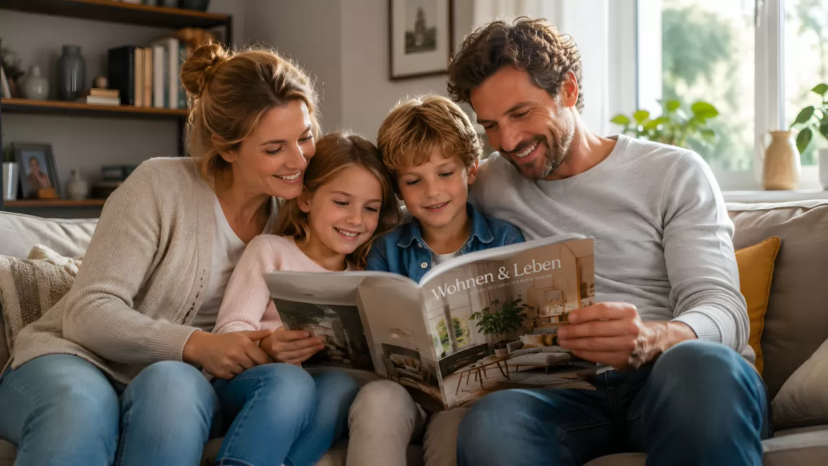 Familie liest gemeinsam Wohnmagazin auf dem Sofa