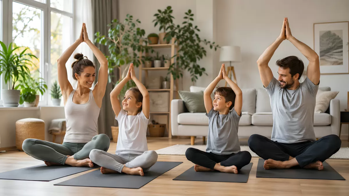 Familie macht gemeinsam Yoga im Wohnzimmer