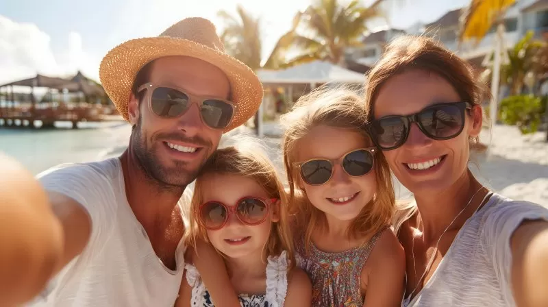 Familie macht Selfie am Strand im Urlaub unter Palmen