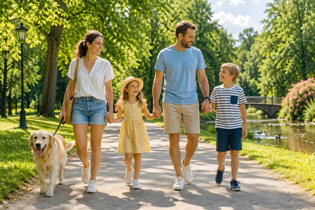 Familie mit Hund spaziert im sommerlichen Park