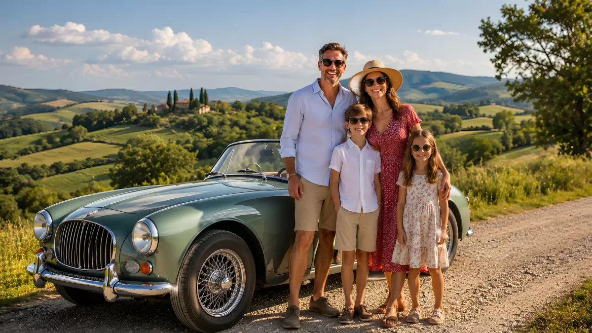 Familie mit Oldtimer in toskanischer Landschaft