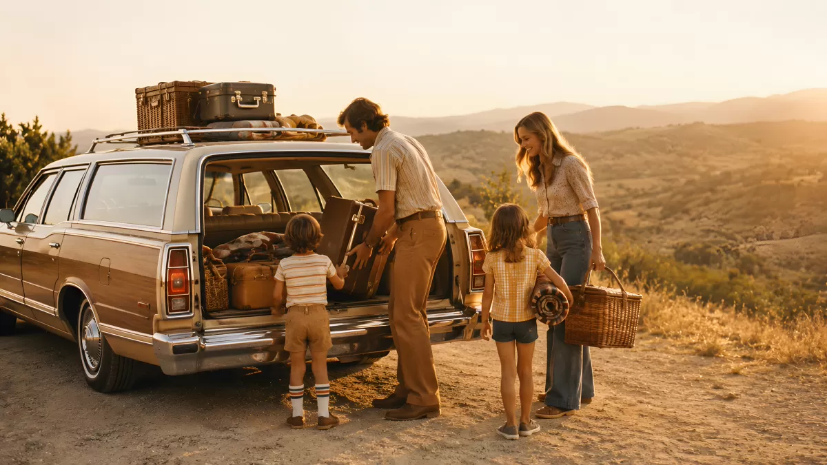 Familie packt Kombi für Ausflug in hügeliger Landschaft