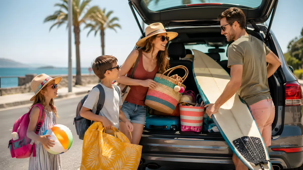 Familie packt Strandurlaub-Gepäck in den Kofferraum