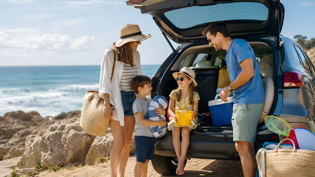Familie packt Strandutensilien am Meer aus dem Auto