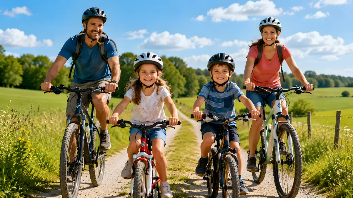 Familie radelt gemeinsam auf Landweg im Sommer