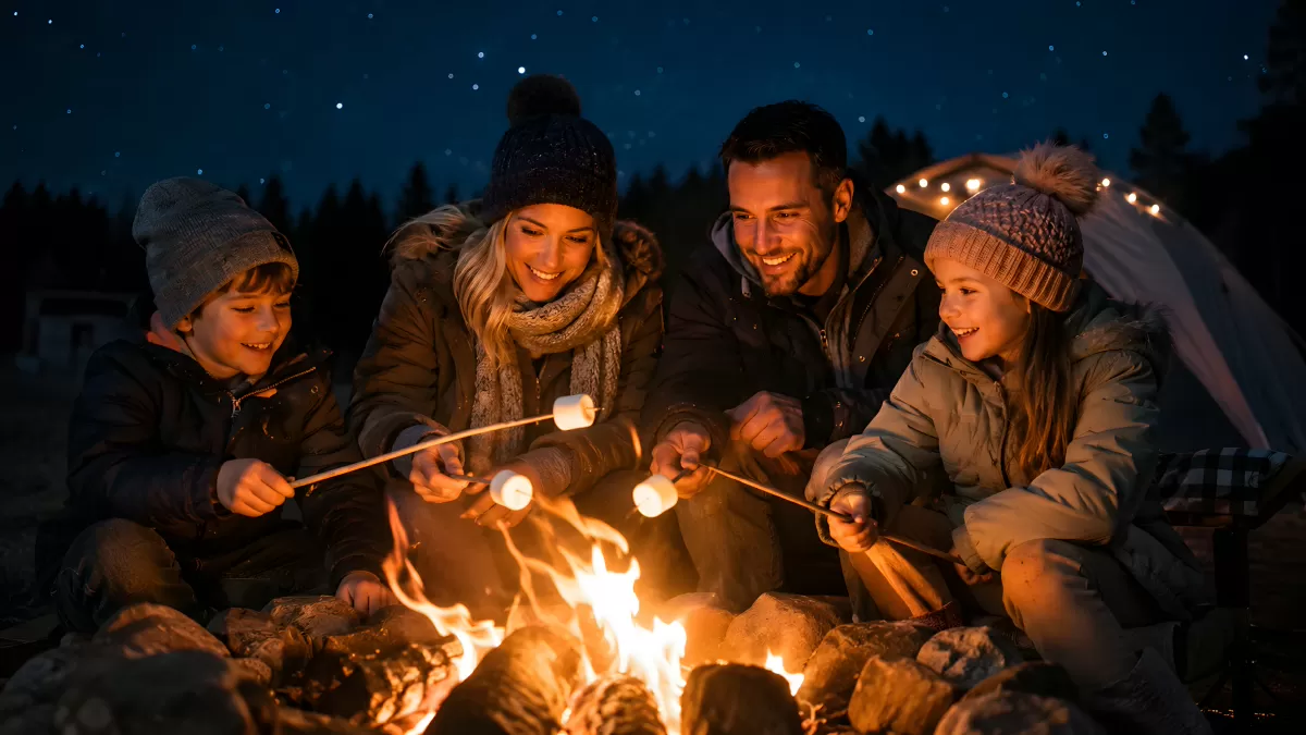 Familie röstet Marshmallows am Lagerfeuer unter Sternenhimmel