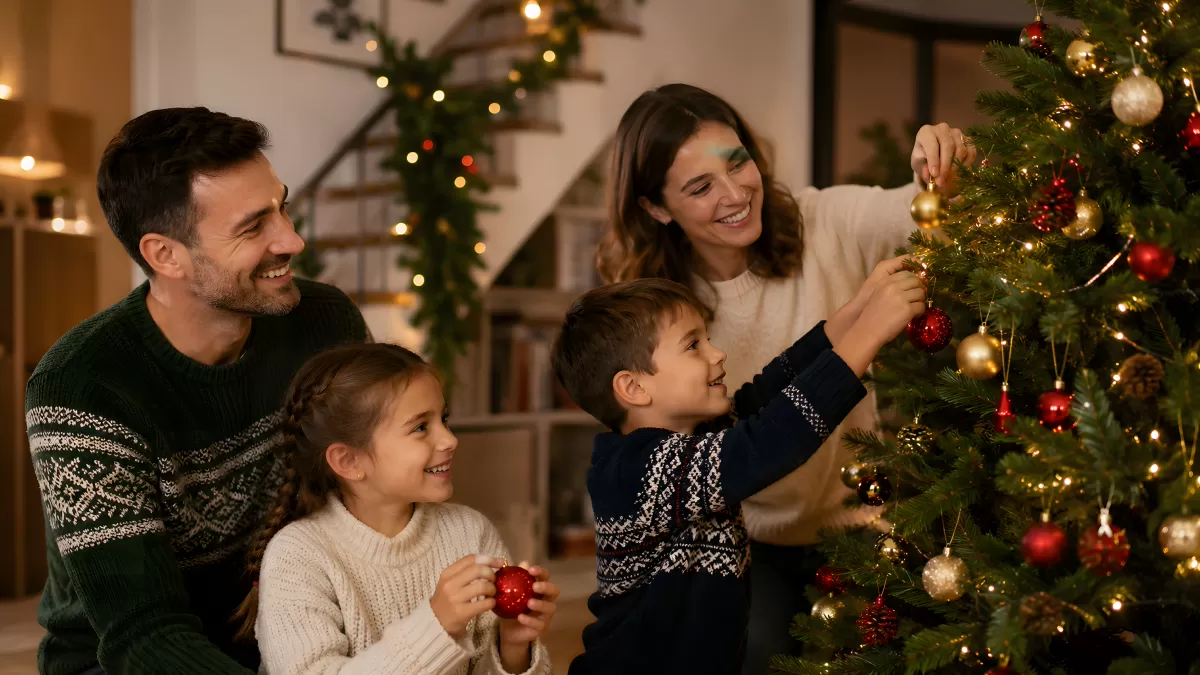 Familie schmückt gemeinsam den Weihnachtsbaum