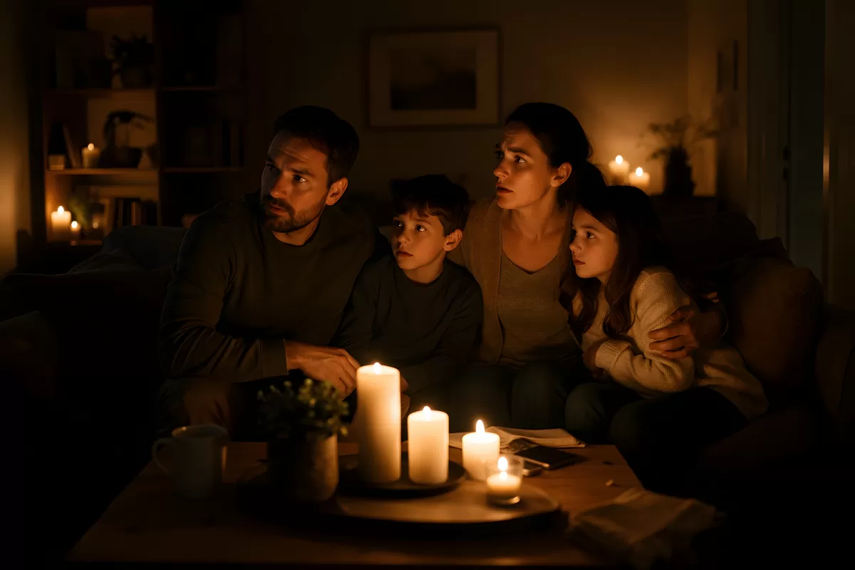 Familie sitzt bei Kerzenlicht im dunklen Wohnzimmer