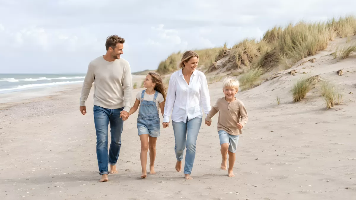 Familie spaziert barfuß am Strand entlang