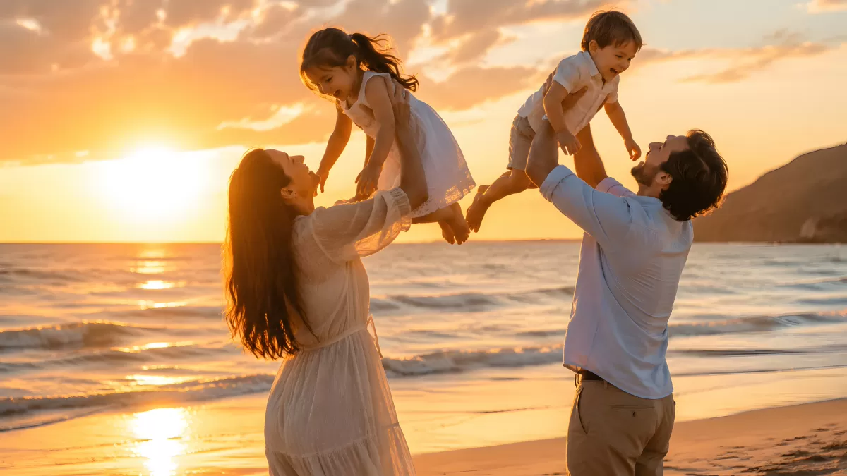 Familie spielt am Strand beim goldenen Sonnenuntergang