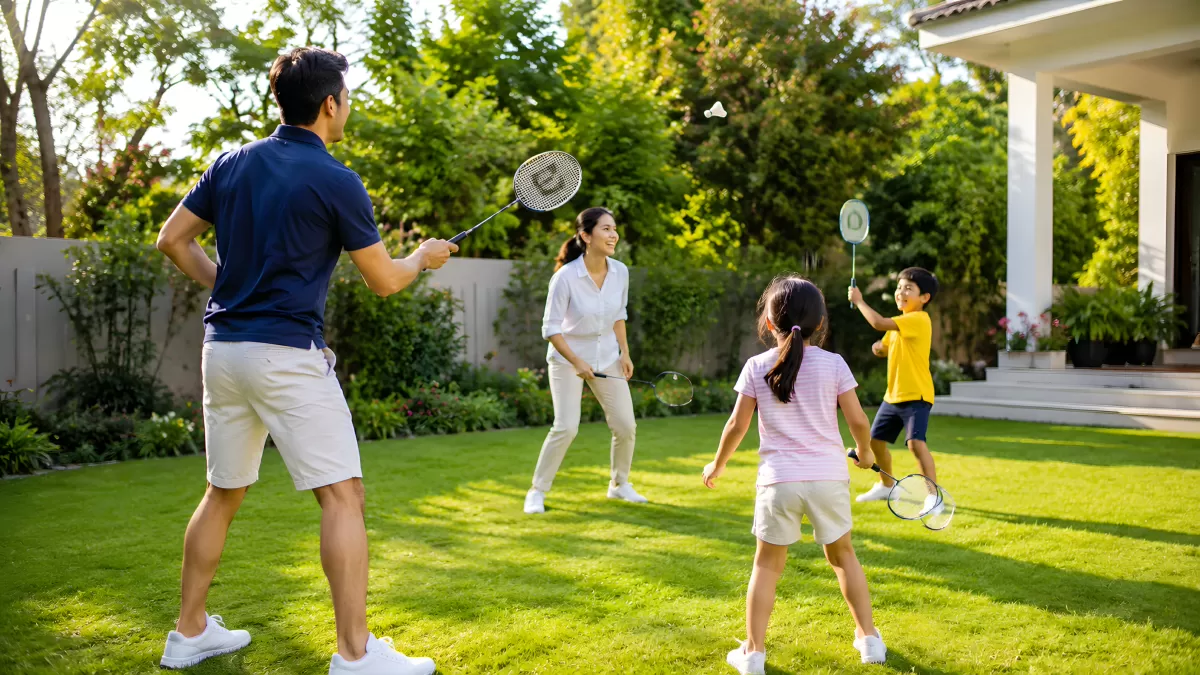 Familie spielt Badminton im sonnigen Garten
