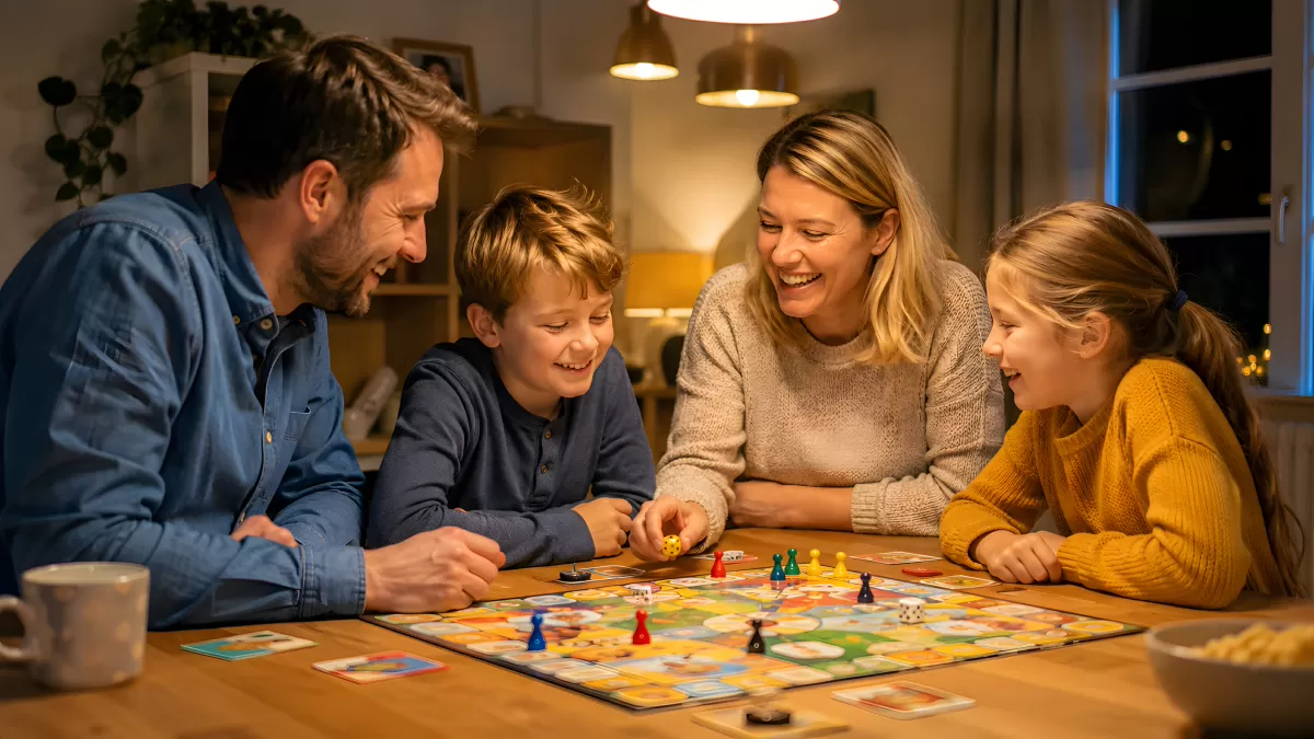 Familie spielt gemeinsam Brettspiel am Abend