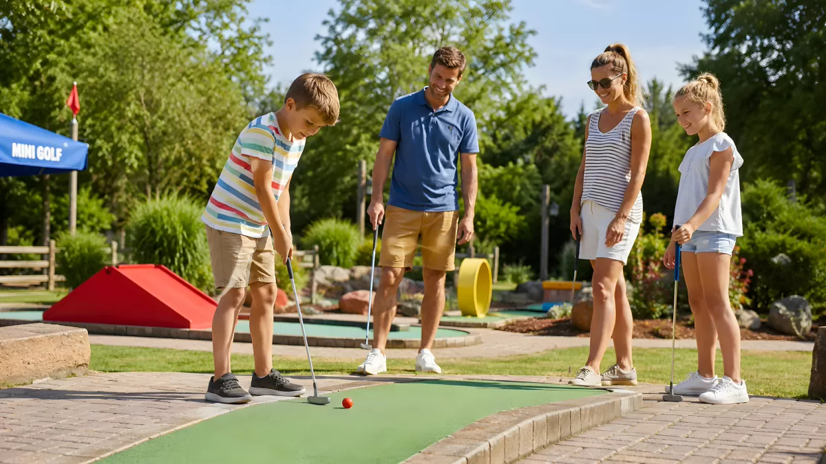 Familie spielt gemeinsam Minigolf im Freien