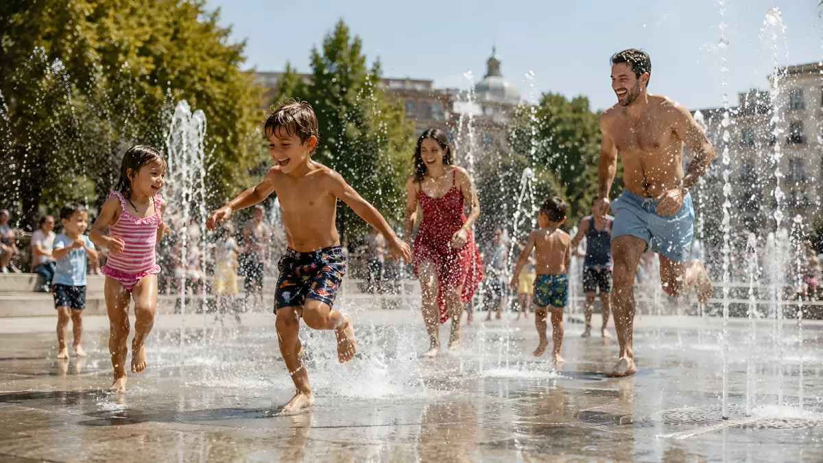 Familie spielt in Springbrunnen an heißem Sommertag